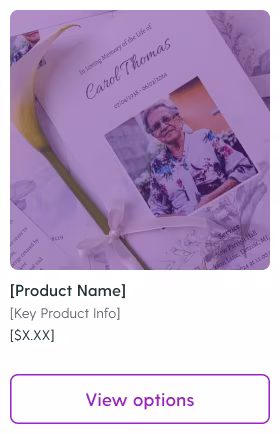 A checkout product card showing a printed memorial program, its price and a View options button.